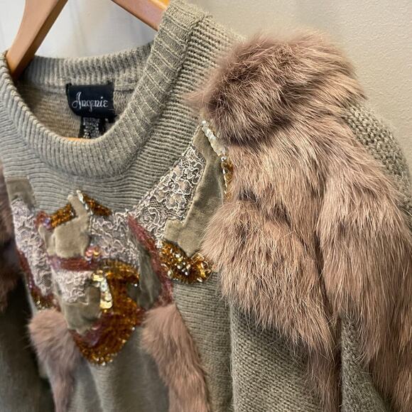 Vintage 80s Angenie Sequin & Fur Sweater | Statement Glam, Womens M, EUC, RARE - Picture 3 of 9